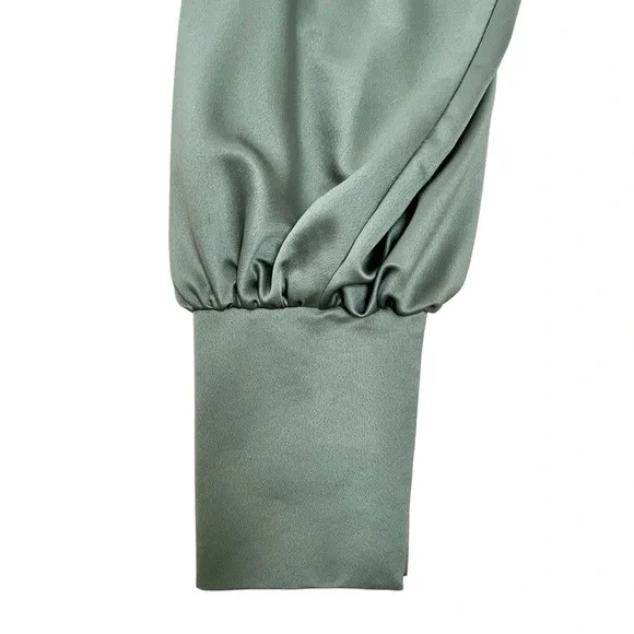 Asos Design Olive Green Satin Long Sleeve Draped Neck Blouse - Size 2 - Picture 3 of 8